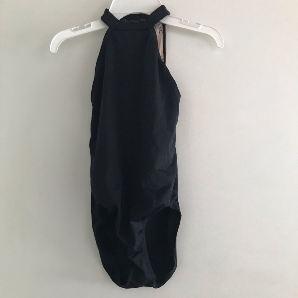 black leotard with mesh and velvet detailing